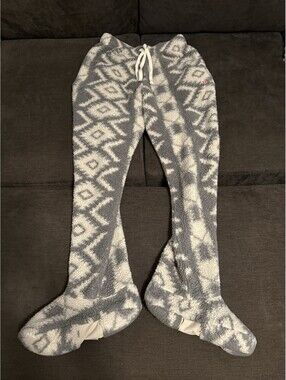 Feejays Cloud GEO19 Footed Sweatpants Sherpa Gray White Women’s Small